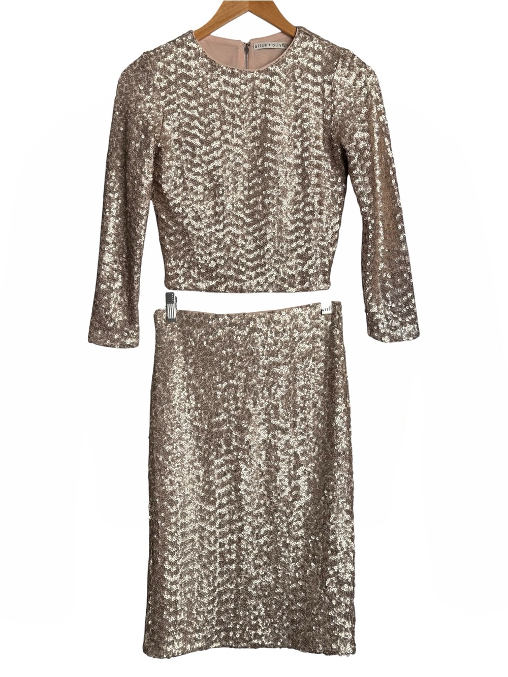 Alice + Olivia Sequin Cropped Top Pencil Midi Skirt Set Size 2 Champagne Gold - Picture 1 of 15